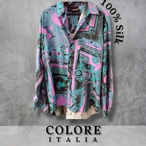 Vintage COLORE ITALIA Shirt 100% Silk Long Sleeve Mens Large